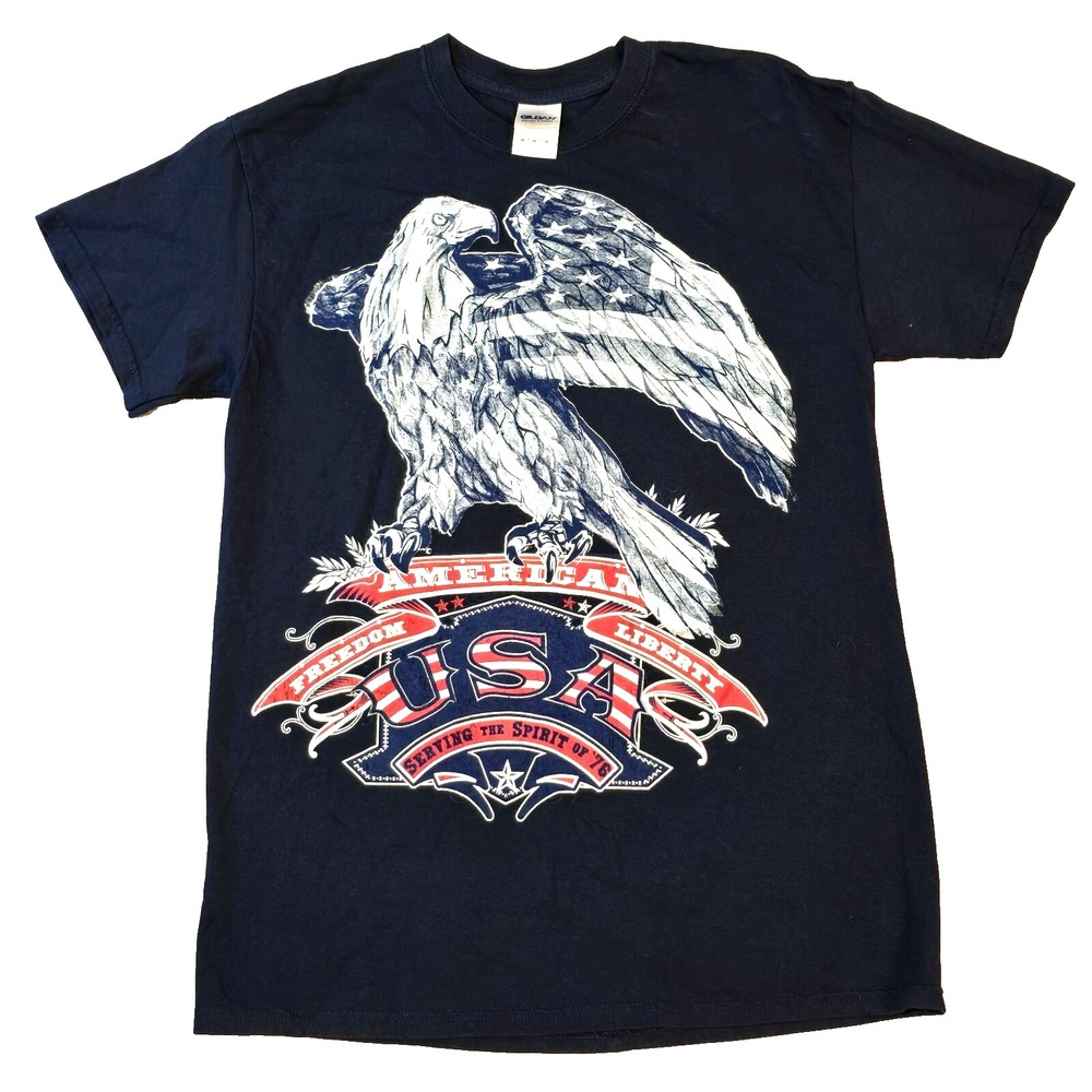 Patriotic USA Men's T-Shirt Navy Blue Red White Eagle Flag Liberty Graphic 1776